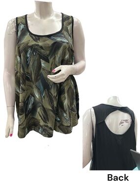 Active Zone Leaf-Print Olive Tank Top with Black Back Size 3X